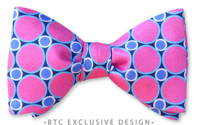 Dot and circle men's bow tie in pink, blue and periwinkle