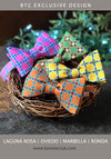 a festive basket of brightly colored bow ties made by the bow tie club