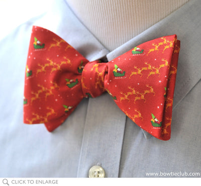 Christmas Santa and Sleigh Red Holiday Bow Tie on shirt