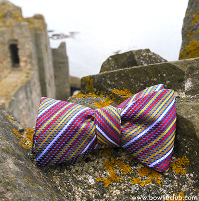 Red blue gold yellow thin stripes bow tie